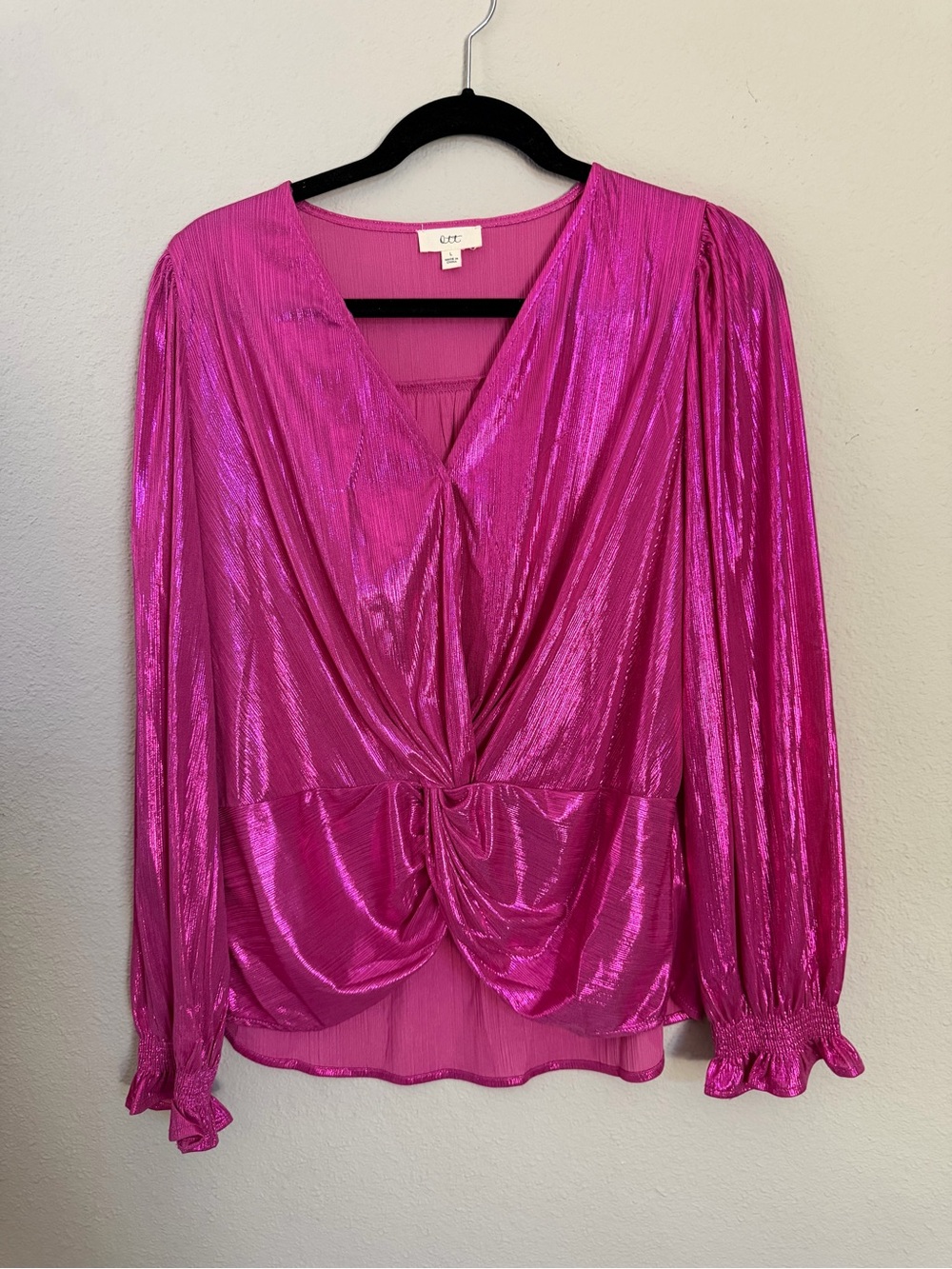 CeCe Shimmery Fuchsia Twist-Front Long-Sleeve Blouse